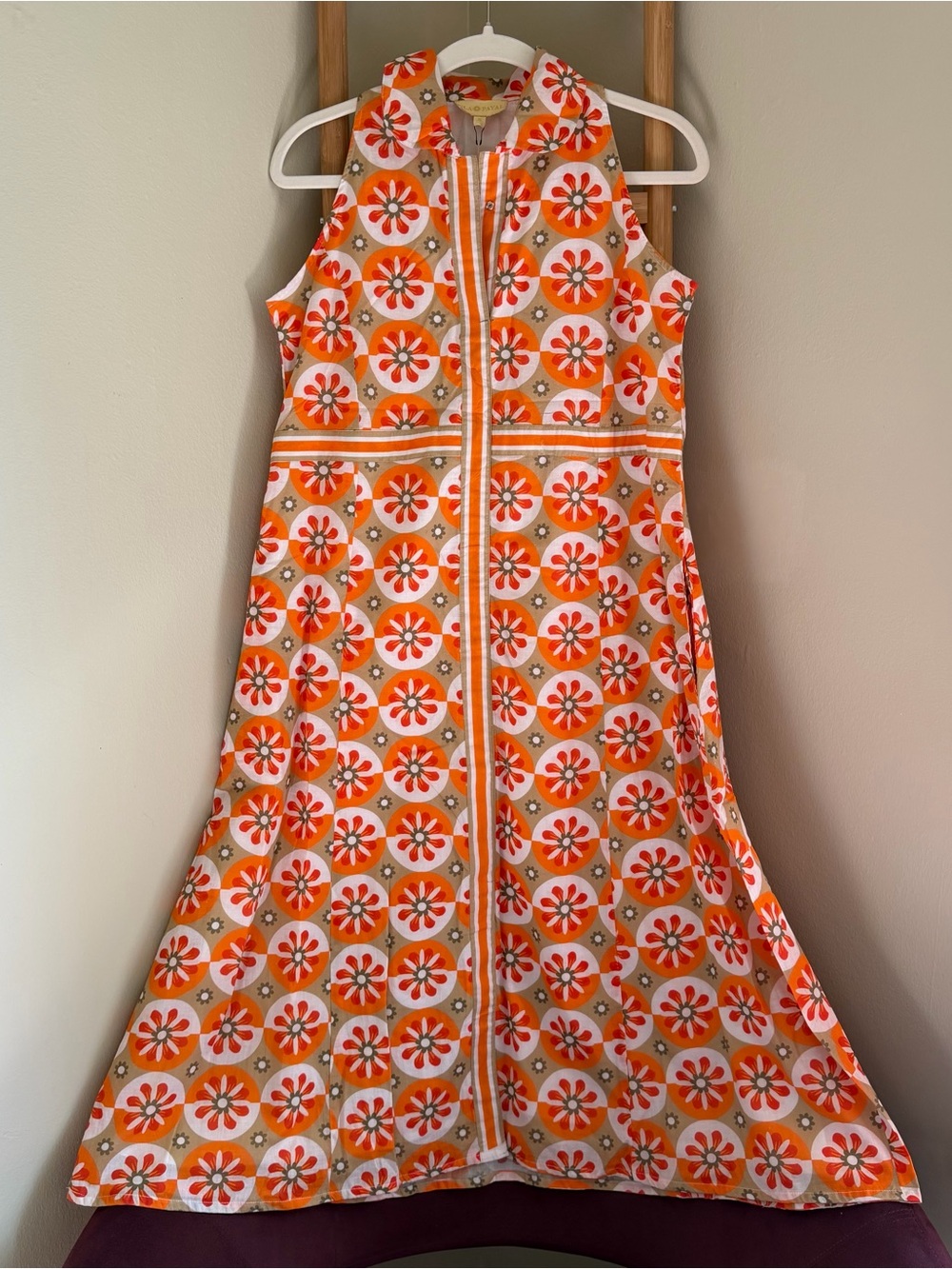 Retro Orange Floral A-Line Button Front Dress